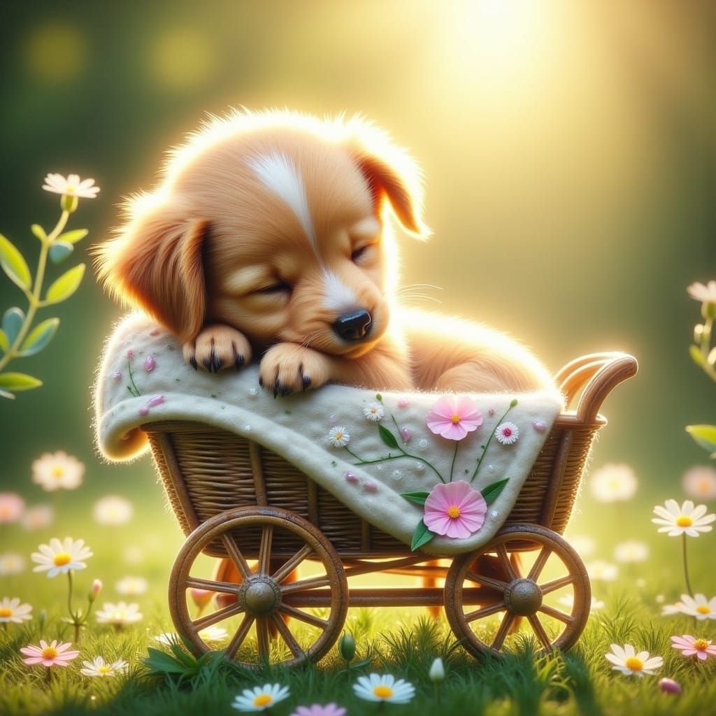 Whimsical Puppy's Dreamy Stroll in a Vintage Stroller