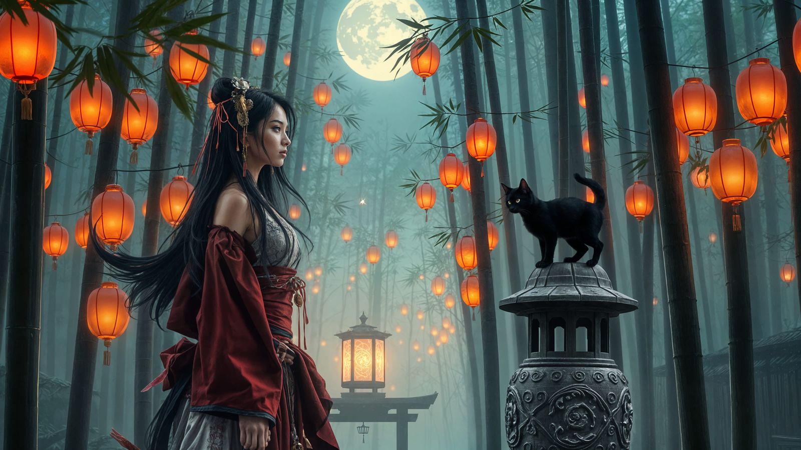 Gothic Samurai in a Moonlit Bamboo Forest