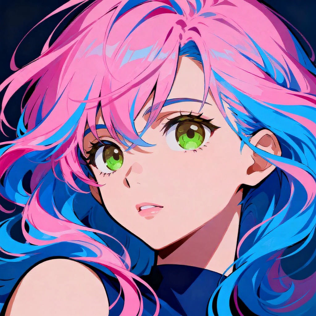 Anime Girl With Pink Blue Hair And Big Blue Eyes
