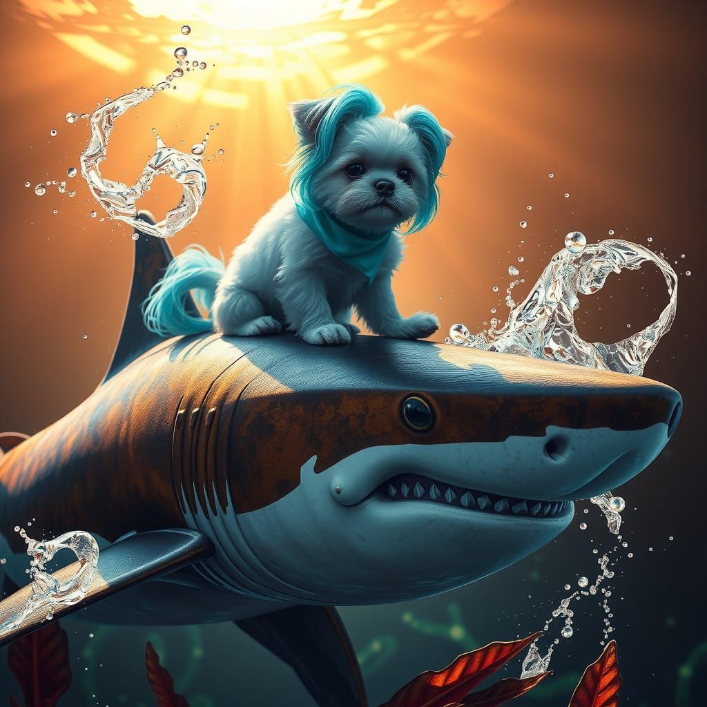 Shih Tzu Rides Shark in Neon Noir Style