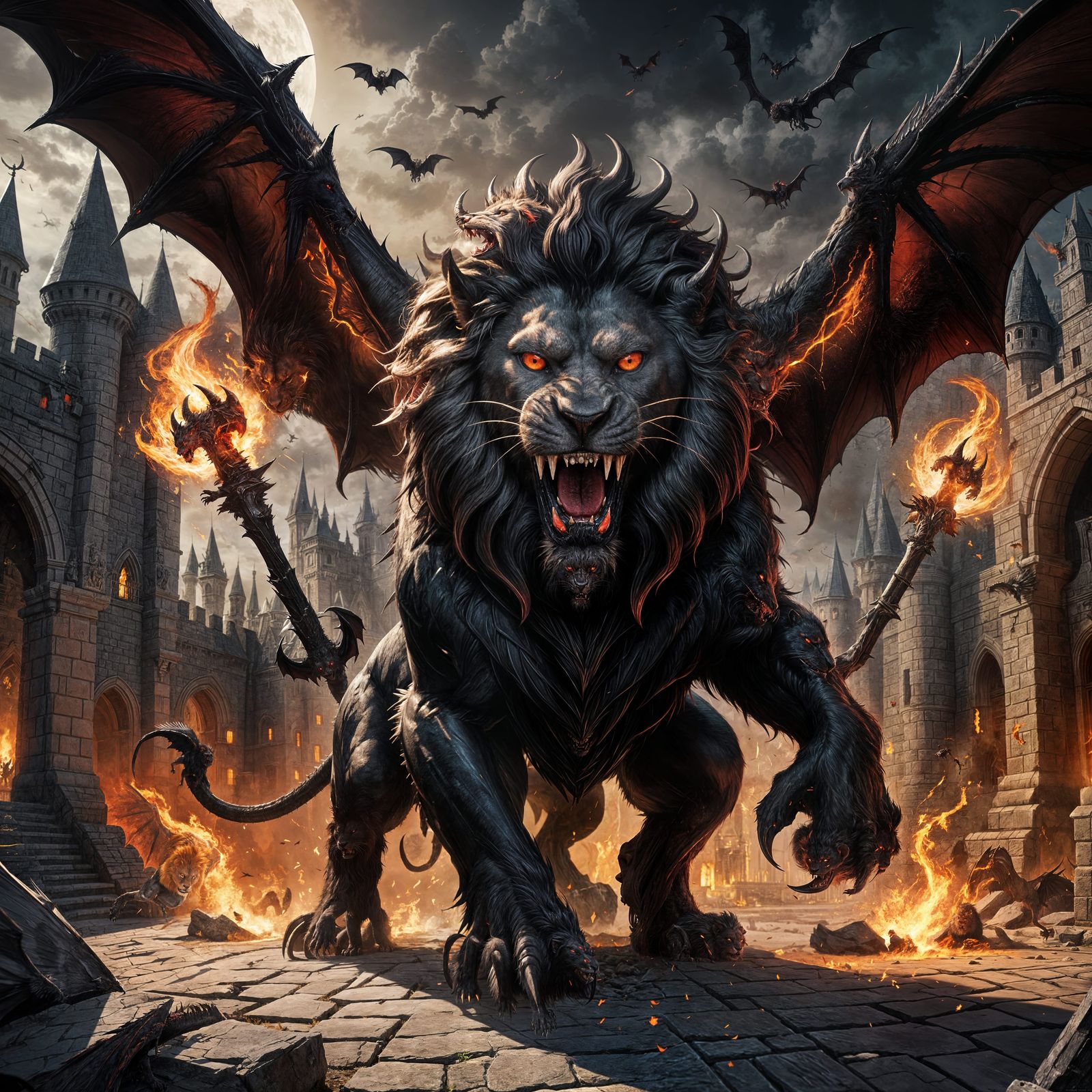 Demonic Lion Attacks Warriors: 3D Anime Art