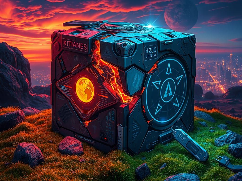Damaged Kronos Cube on Alien Moss in Hyperrealism
