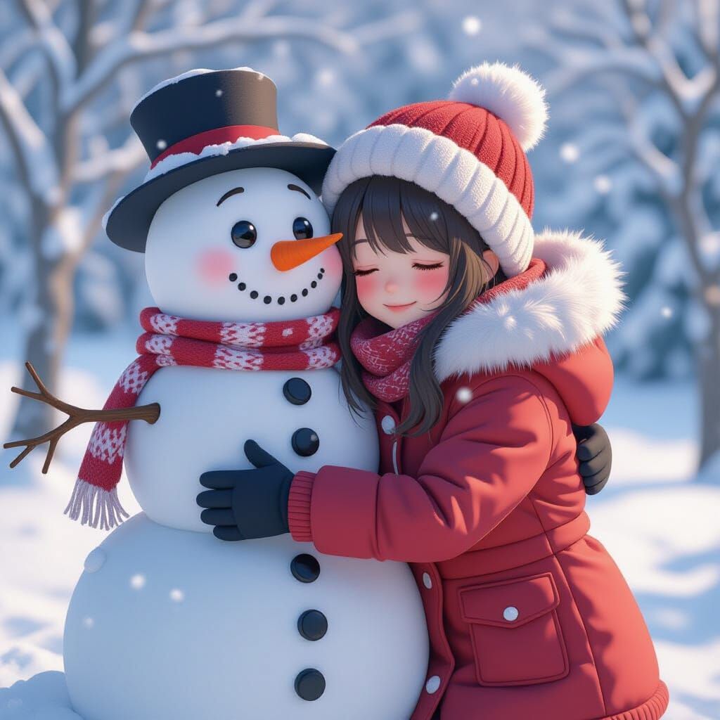 Girl Hugged by Snowman in 3D Anime Art Style