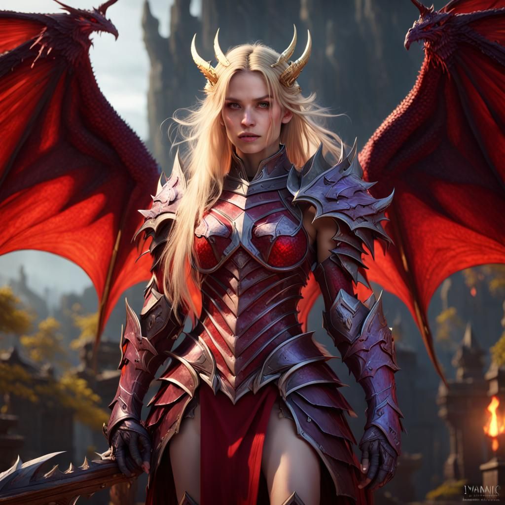 Dragon Queen in Blood Red Armor, Dark Fantasy Art