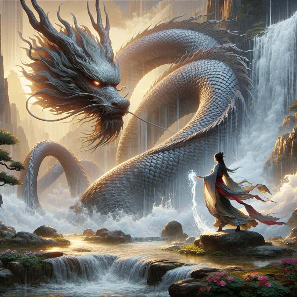 Beautiful Lady and Dragon in Gongbi Style