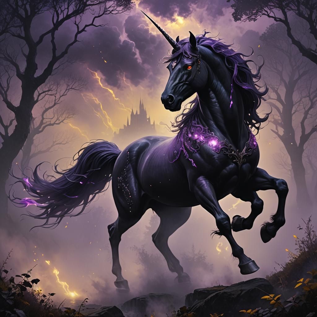 Black Unicorn Flies in Dark Fantasy Skies