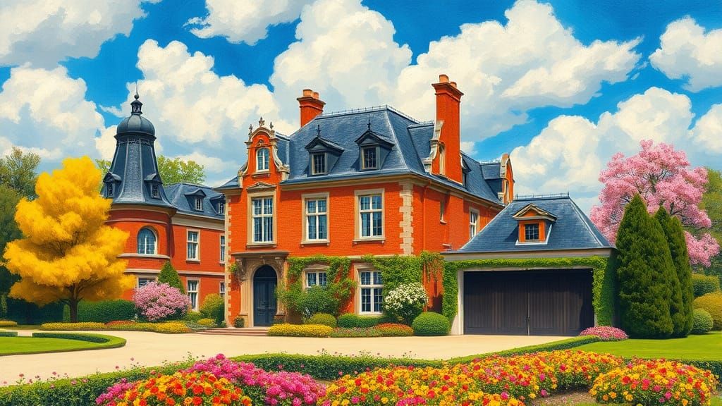 Elegant Chateau Surrounded by Vibrant Trees and Gardens