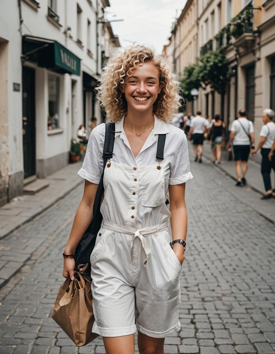 Blonde Woman in Jumpsuit Going to Work Smiling