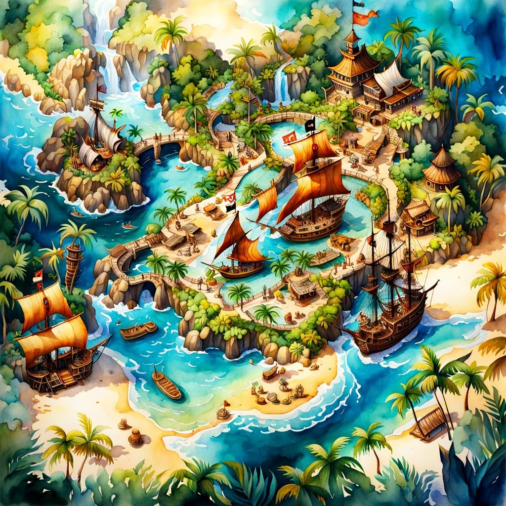 Pirate Theme Park Map in Watercolor Style