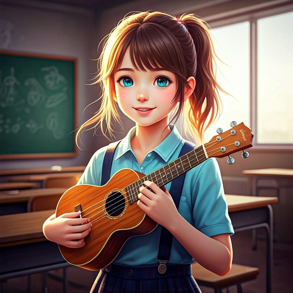 Girl with Ukulele: Art Nouveau Splash Art Portrait