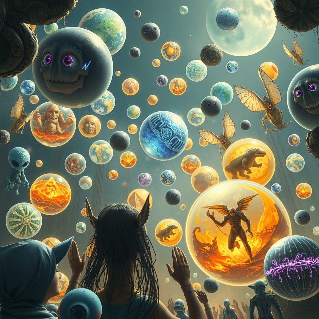 Beings Observing Magical Orbs with Alien Worlds