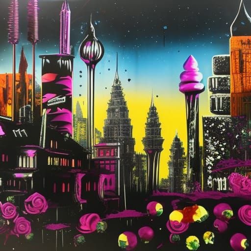 Cityscape of Candy Spires in Abstract Expressionist Style