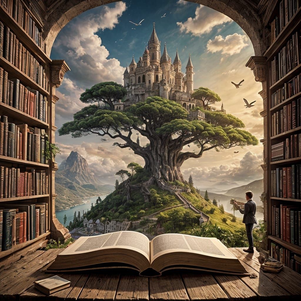 Surreal Library Dreamscape Unfolds