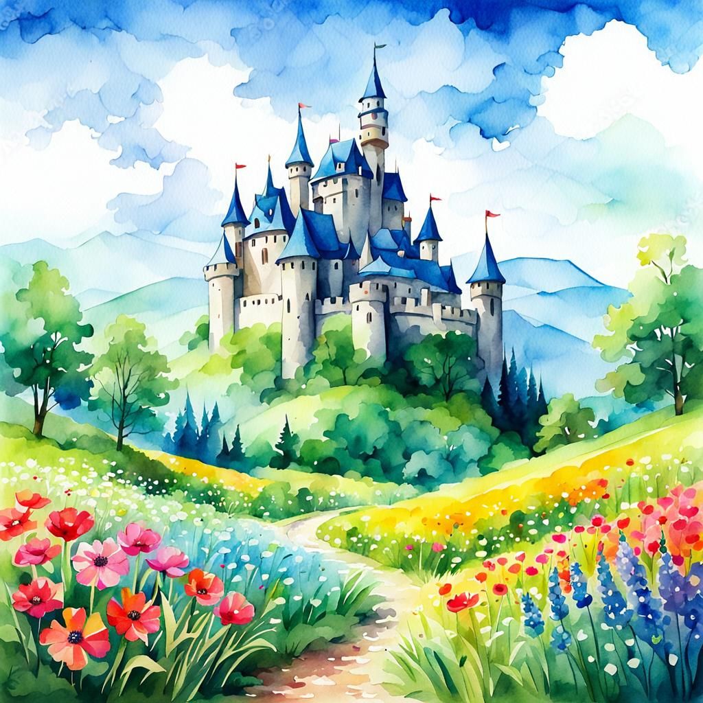 Fantasy Castle in Flower Meadow: Watercolor Illustration
