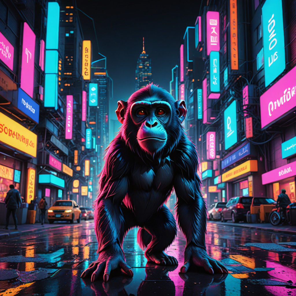 Hyperrealistic Cityscape of Goofy Ah Monkey Trikking