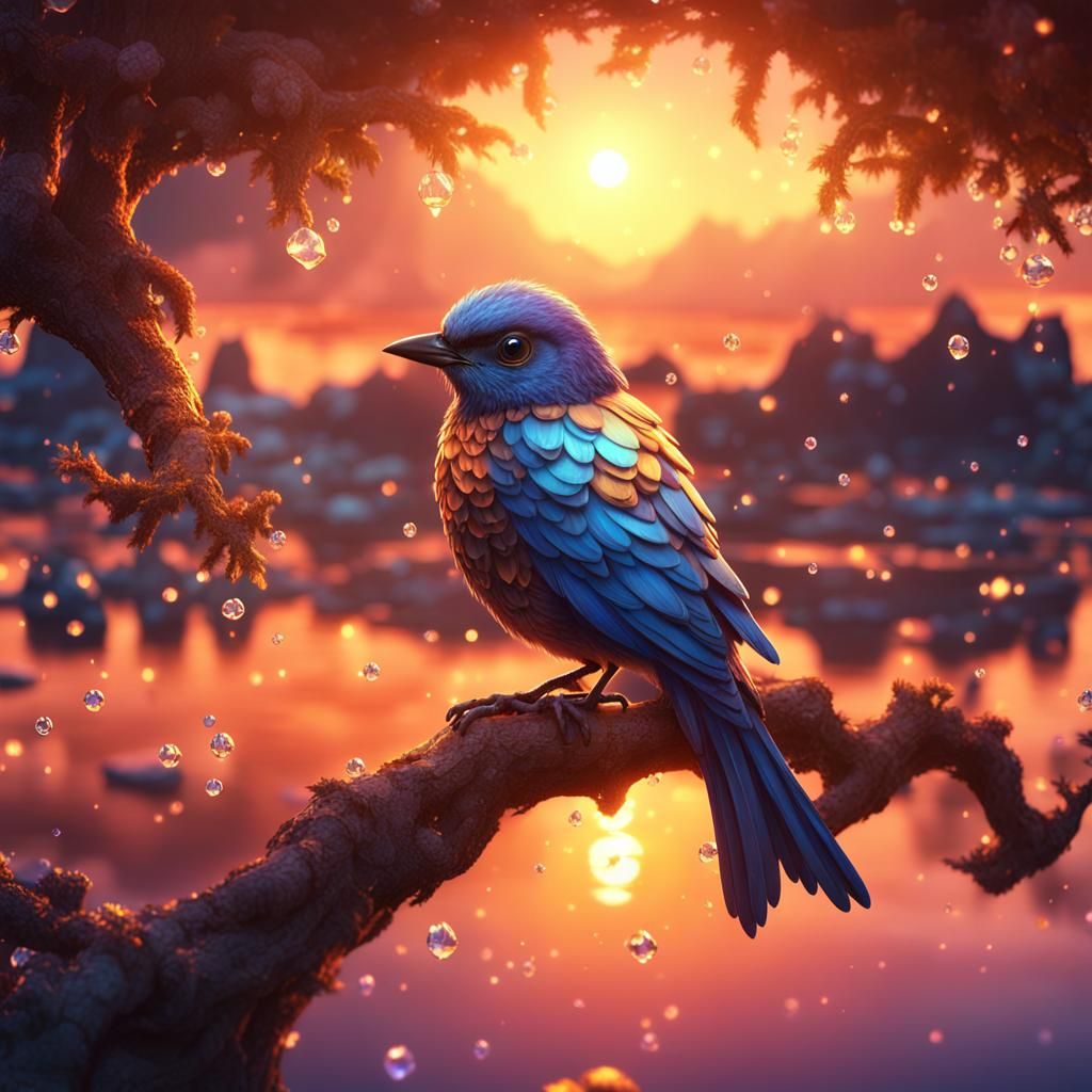 Cute Bird in Crystal Fantasy Sunset
