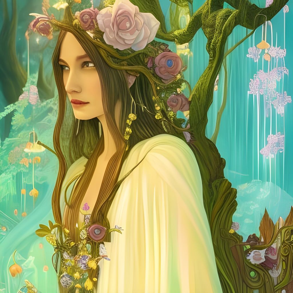 Elven Lady with Roses, Art Nouveau Fantasy