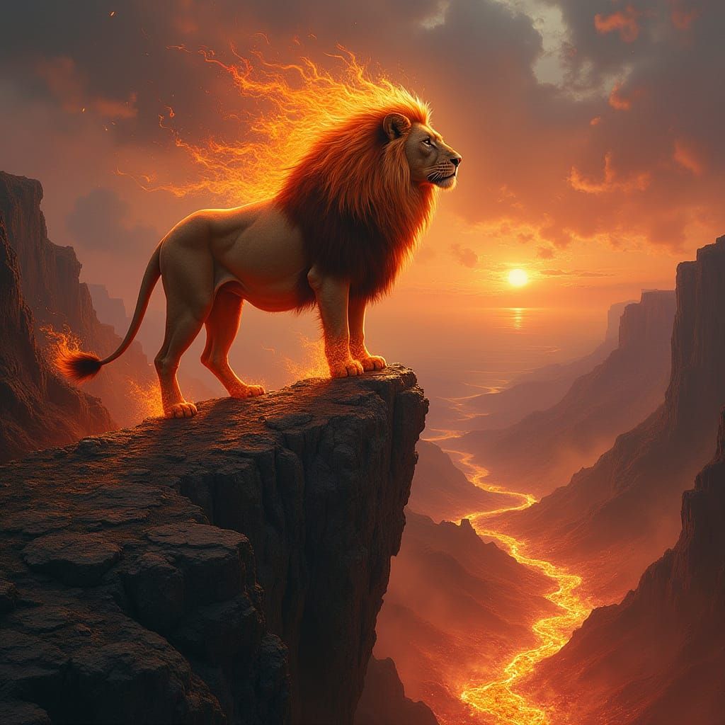 Fiery Lion Overlooking Volcanic Landscape