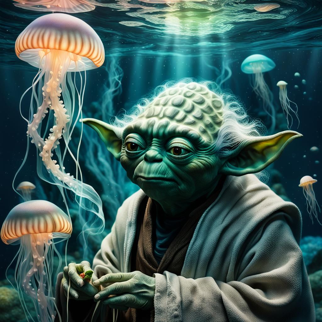 Surreal Portrait of Yoda in Dreamlike Underwater Scene