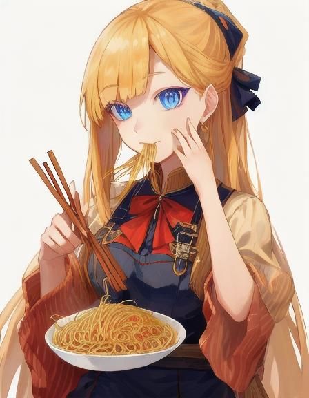 <lora:pretty woman:1.0> Asian girl with blonde hair and doll bangs has blue eyes and eats noodles from chopsticks