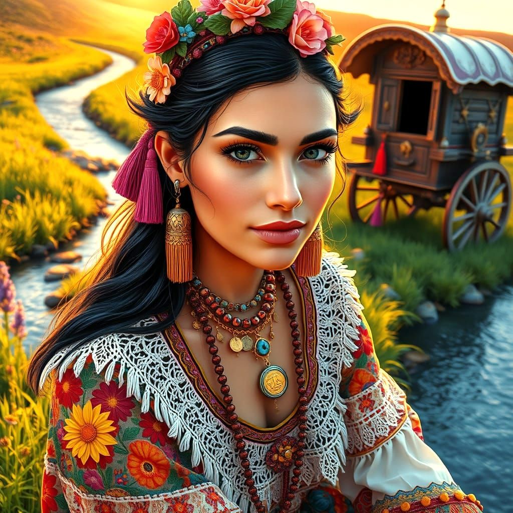 Exotic Gypsy Woman in Vibrant Wildflower Meadow