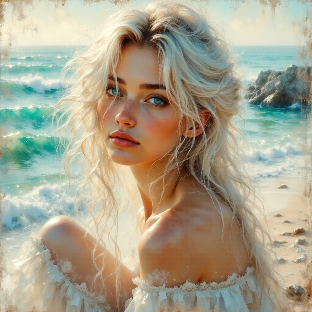 Beautiful Woman on Beach as Impressionistic Oil Painting