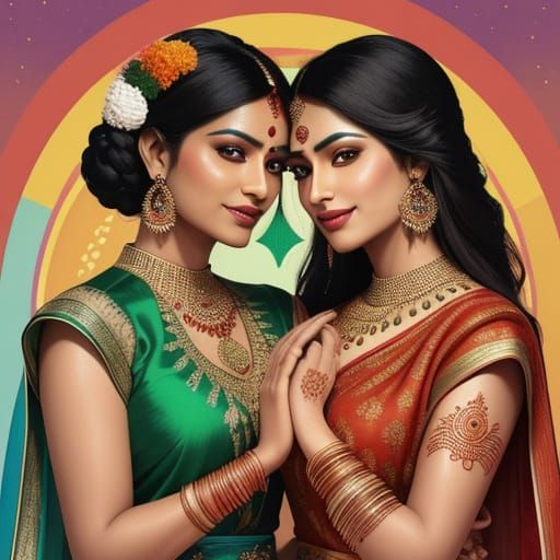 Indian Lesbians in Traditional Dress: Vibrant Poster Art