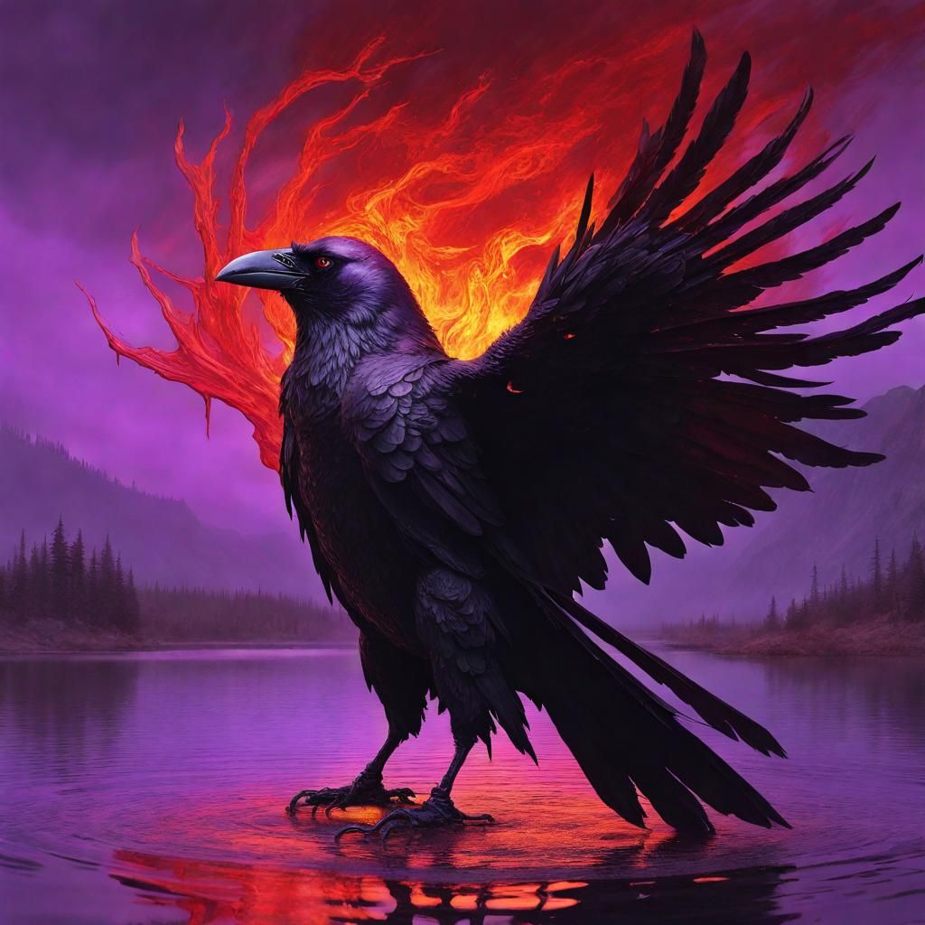 Red Wax Crow in Burning Landscape: Dark Fantasy Art