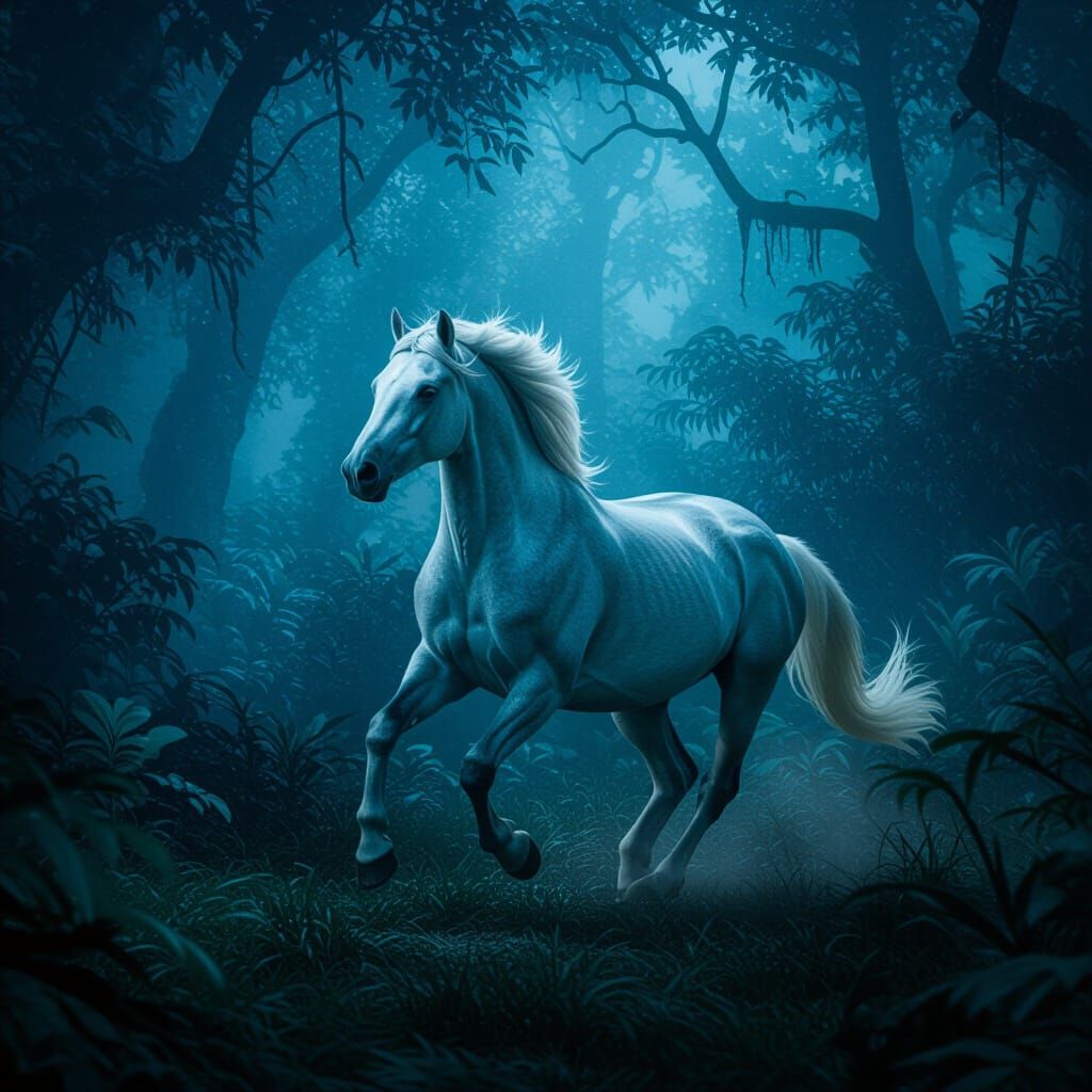 Gray Horse Galloping Through Glowing Jungle