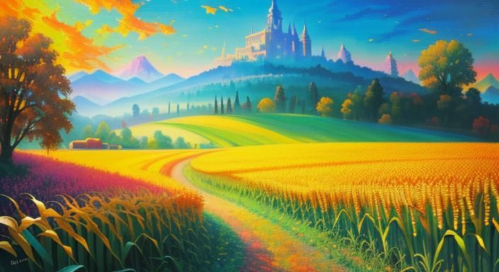 Golden Meadow Cornfield in Impressionist Style