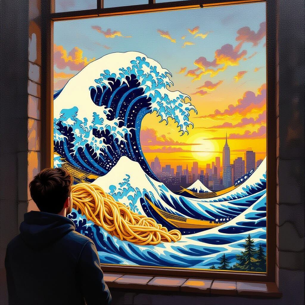 Giant Spaghetti Wave Overtakes Cityscape in Surreal Oil Pain...