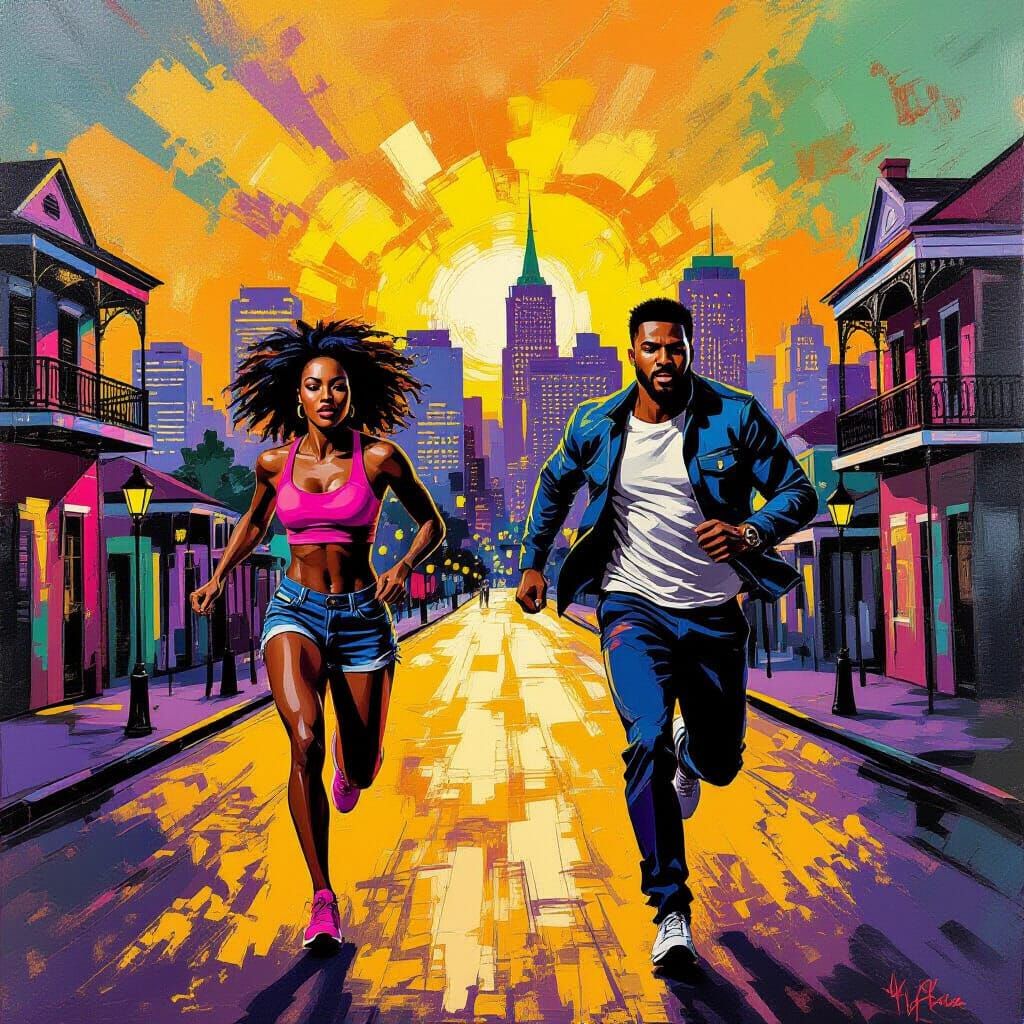 African American Couple Running on Gold Road, New Orleans Sk...