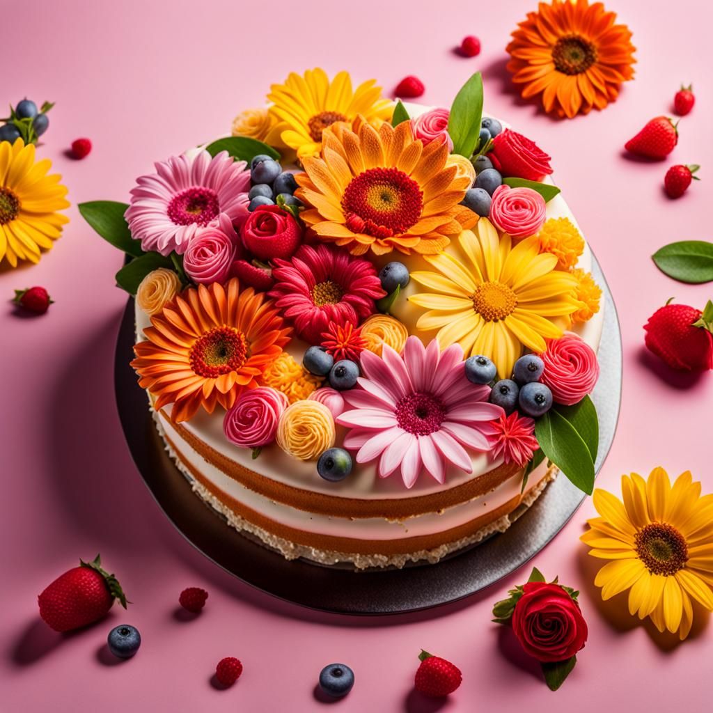 Hyperrealistic Flower Cake Still Life Photography