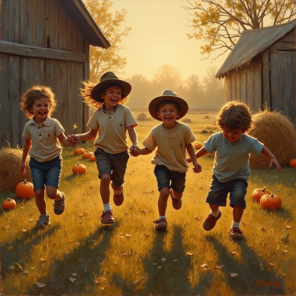 Children Play in Golden Farm Light, Impressionist Oil Painti...