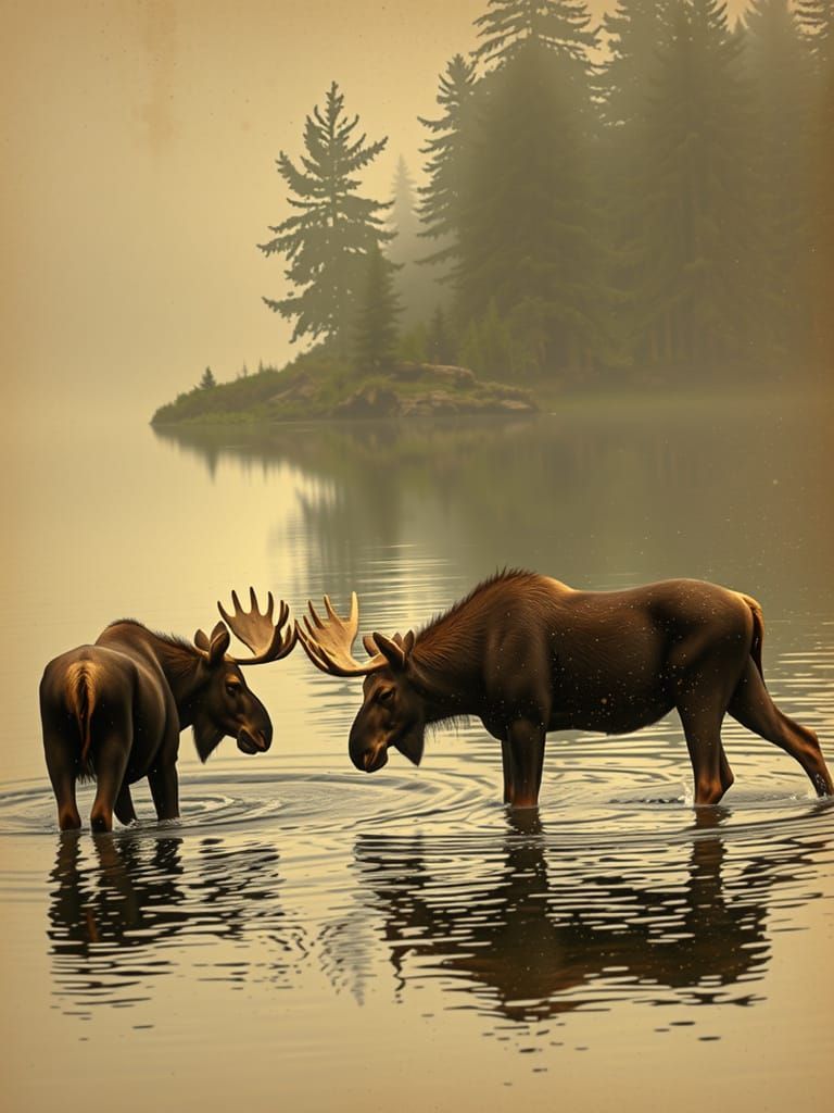 Moose in Lake: Impressionistic Landscape