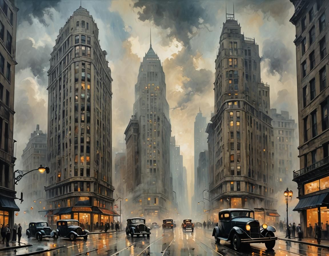 Expressionist Cityscape with Ghostly Figures in Fog