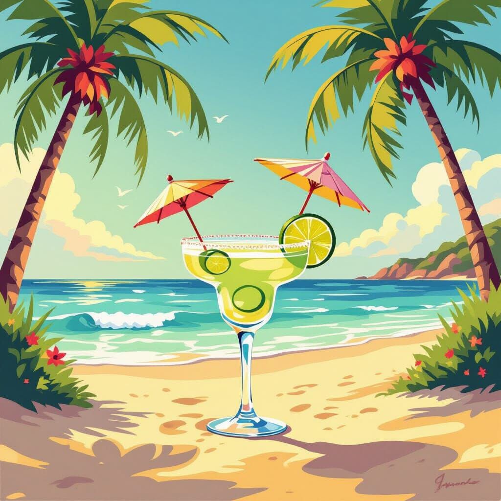 Dancing Margarita Cocktail on Tropical Beach in Naive Art St...