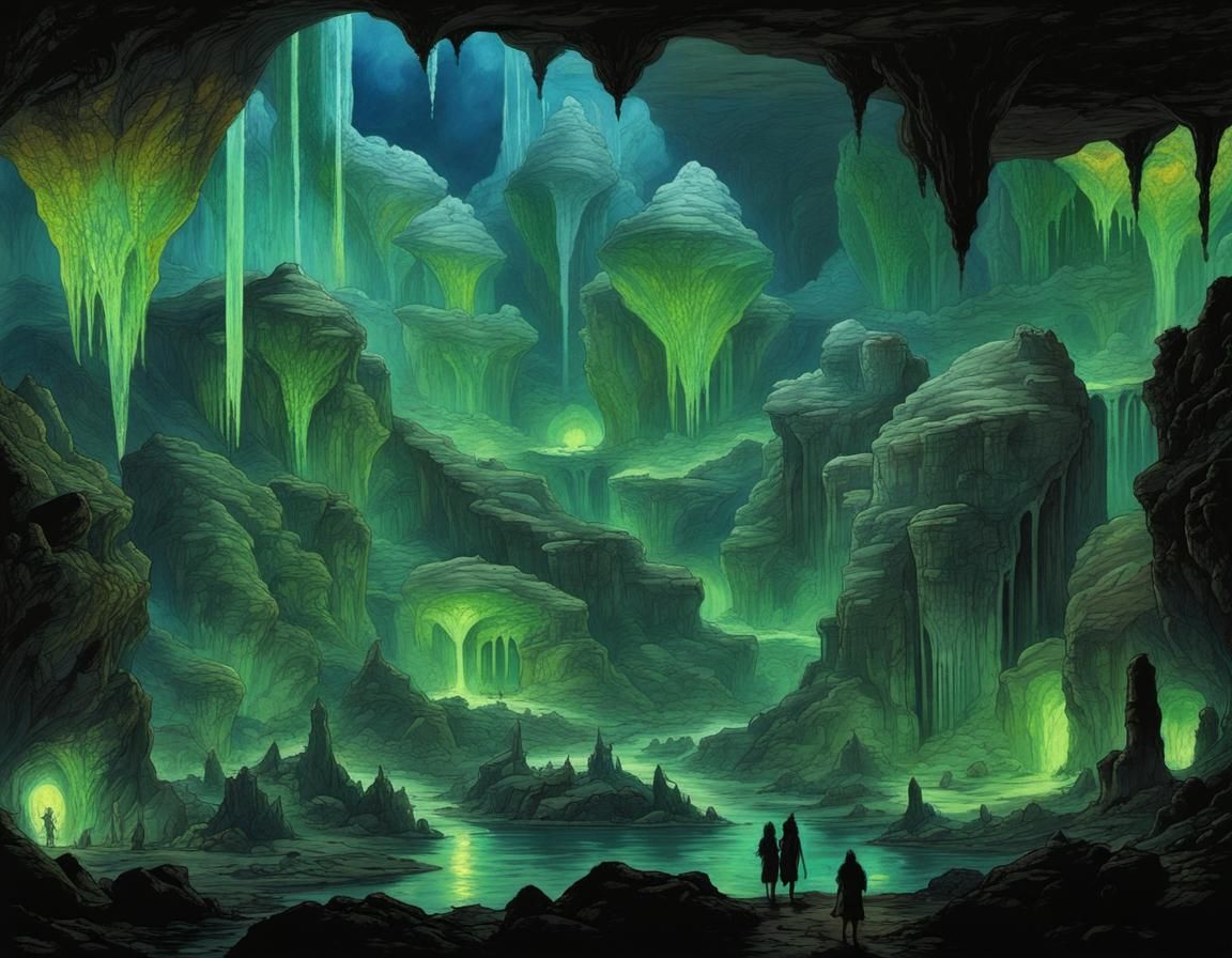 Gem Caverns on Venus: A Sci-Fi Ink Painting