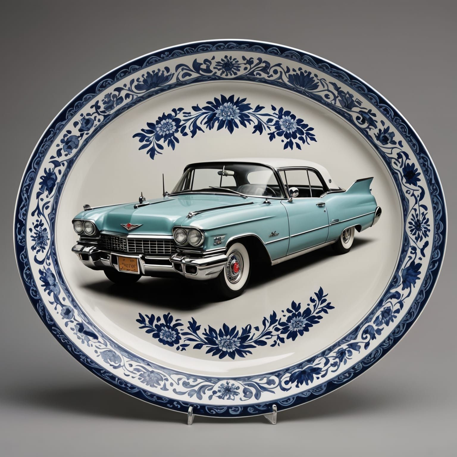 Rörstrand Blue Willow Style Serving Platter with 1959 Cadill...