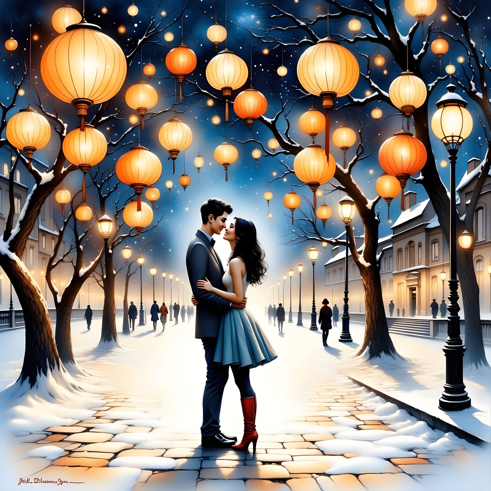 Ethereal Moment Under Twinkling Lanterns in a Winter Wonderl...