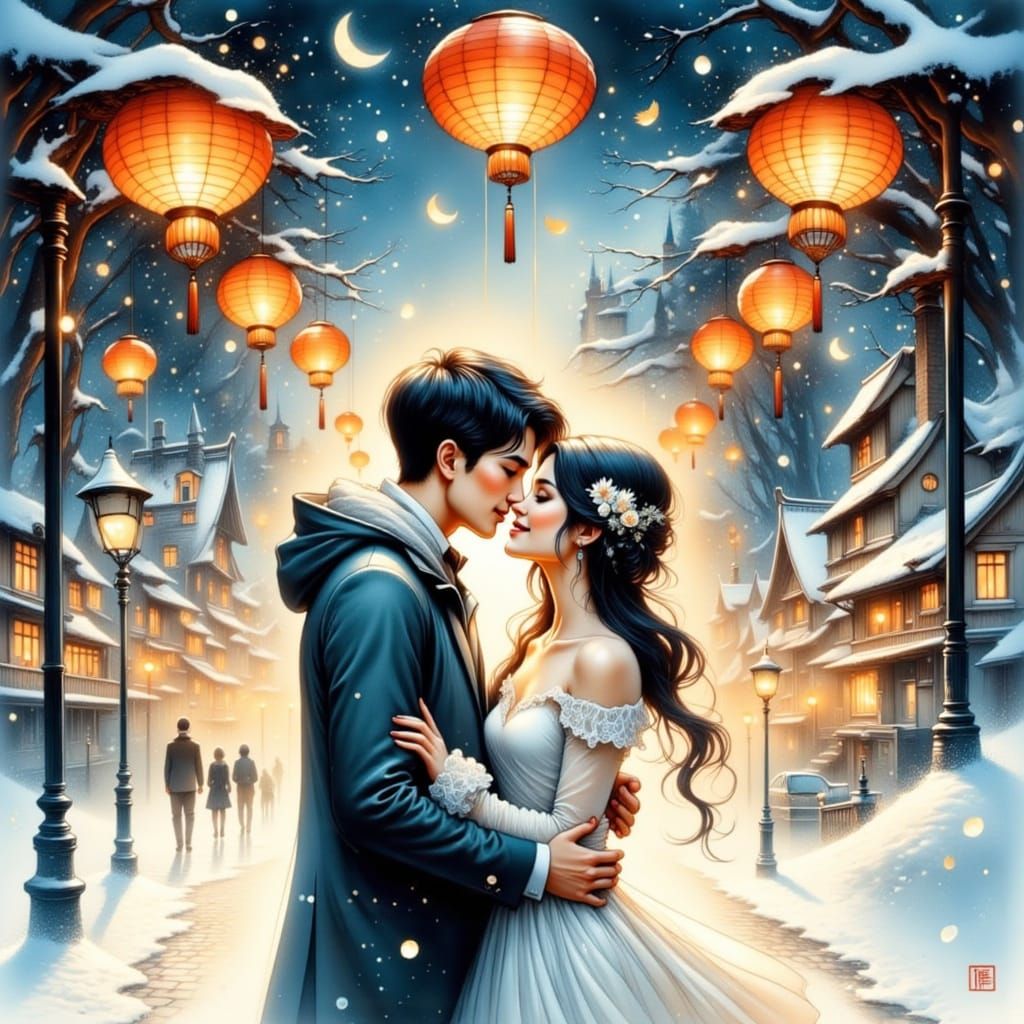 Whimsical Winter Couple Under Vibrant Lanterns