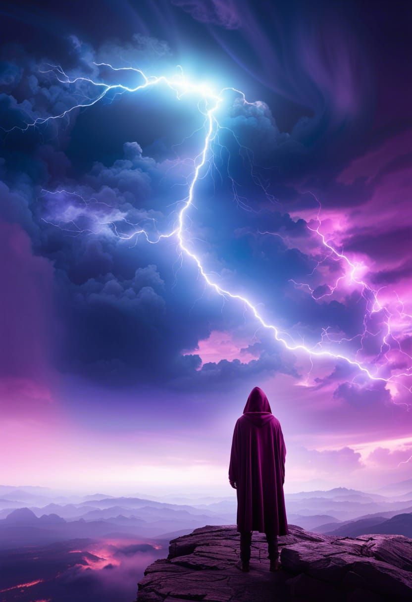 Magenta Hooded Figure in Lightning Storm