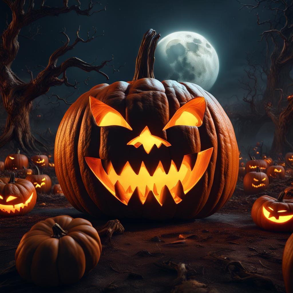 Giant Jack-o'-Lantern Under Full Moon, Digital Painting