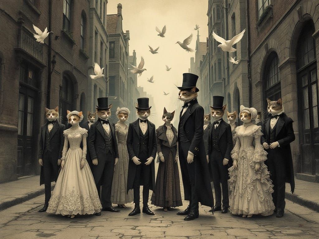 Cats in Victorian Era Attire, Edward Gorey Style