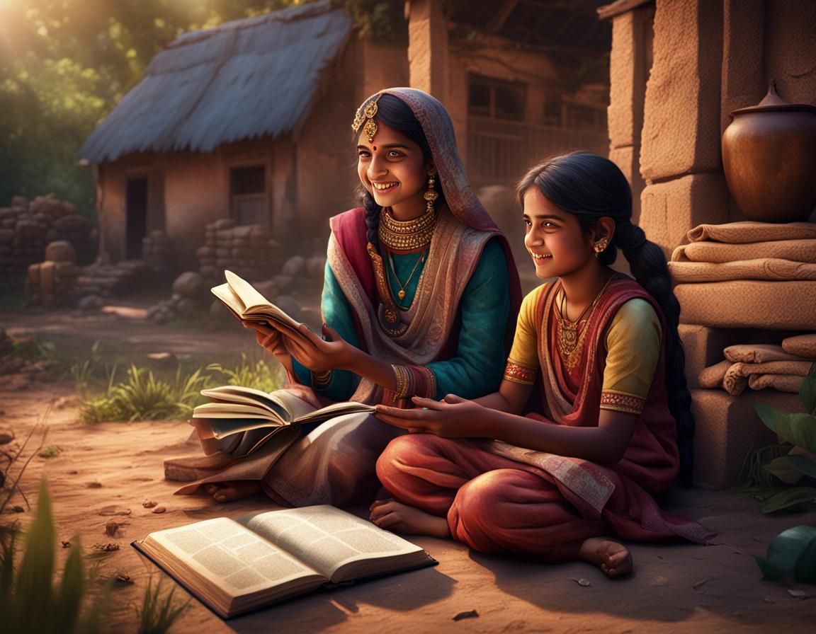 Indian Girl with Book in Remote Village