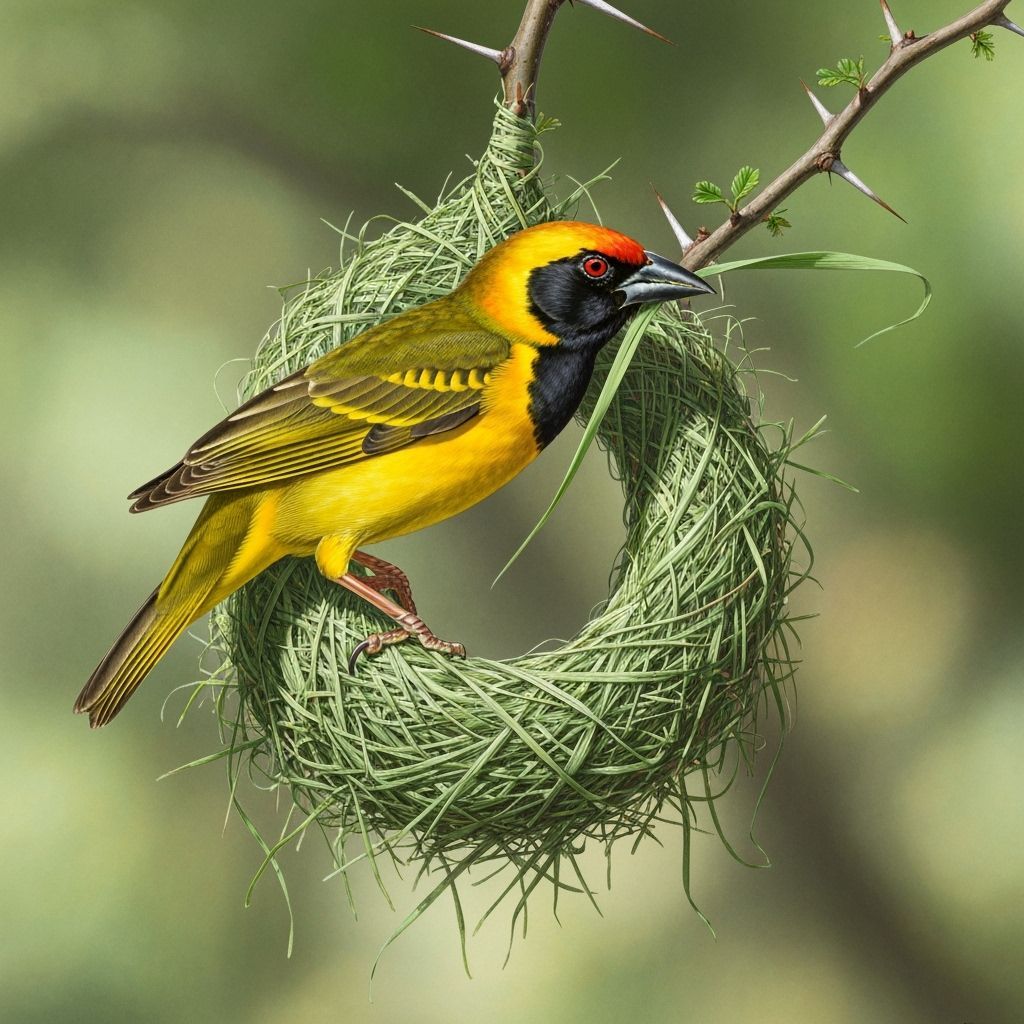 Southern Masked Weaver Bird Building Intricate Nest