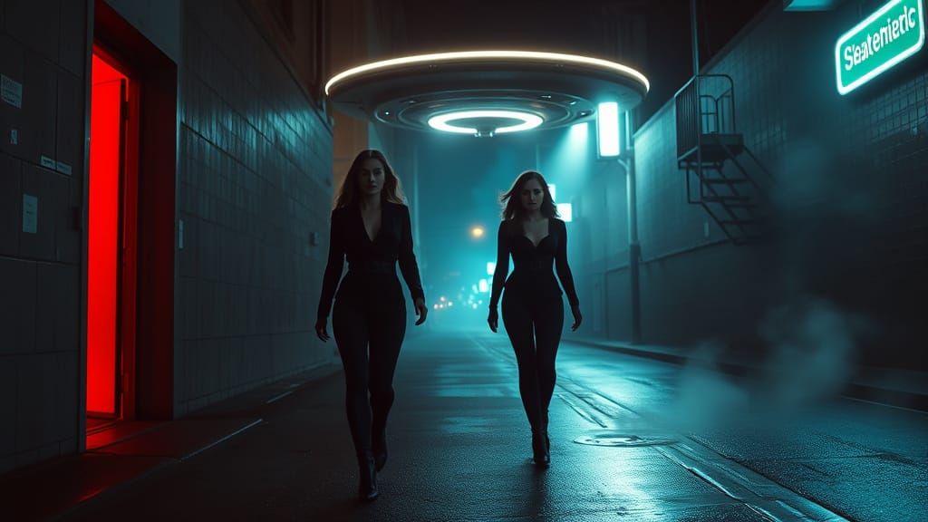 Women in Black Emerge from Neon Alley in Retro-Futuristic Su...