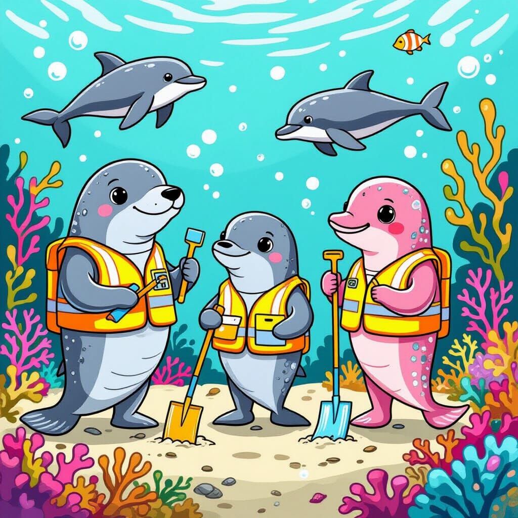 Cartoon Sea Animal Teamwork in Line Art Style