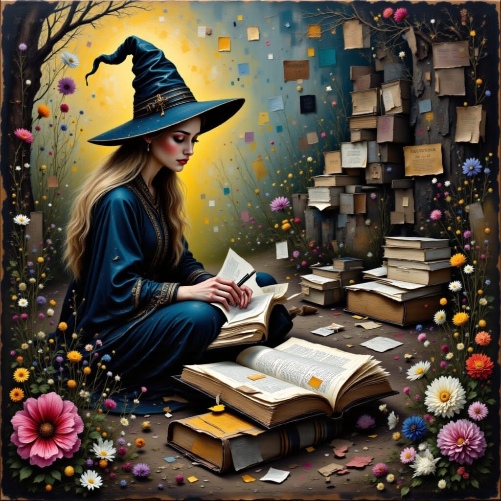 Goth Witch Compiling Spell Book in Acrylic Gouache Style