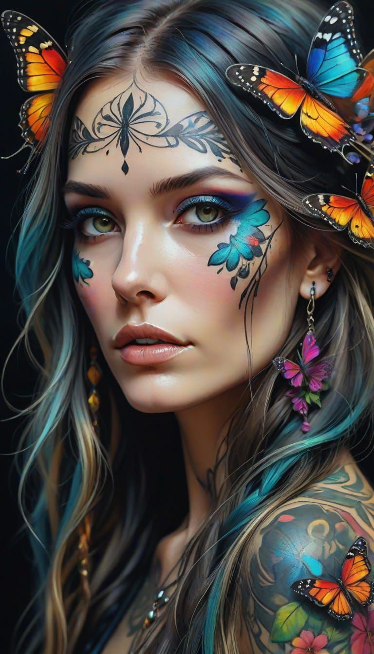 Boho-Gothic Woman with Butterfly Tattoos: Digital Oil Painti...